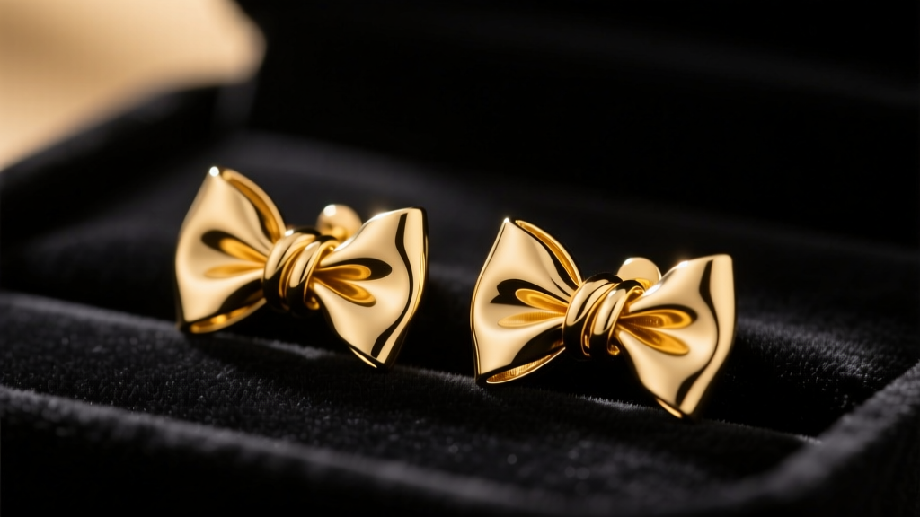 Macro shot of gold bow tie earrings on dark velvet, warm lighting highlighting the intricate center knot and folded metal tails.