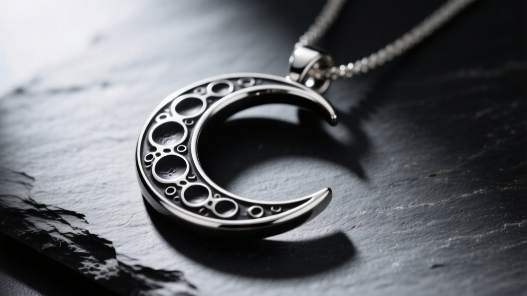 Blackened sterling silver hollow moon pendant on slate showing intricate crater engravings and deep oxidized finish details.