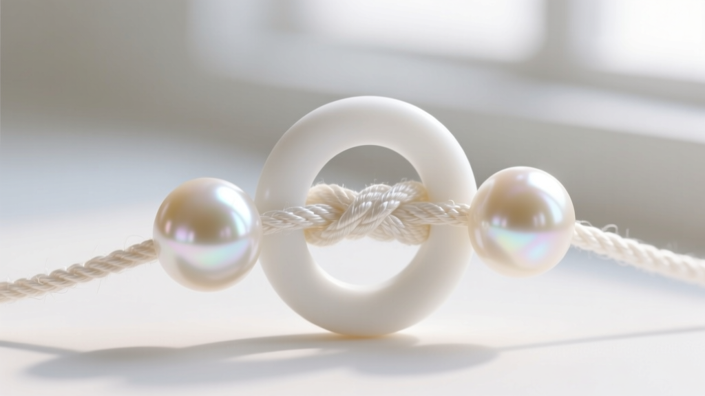 Macro photography of a white silicone pearl necklace shortener ring gripping a knotted silk thread between two cream Akoya pearls