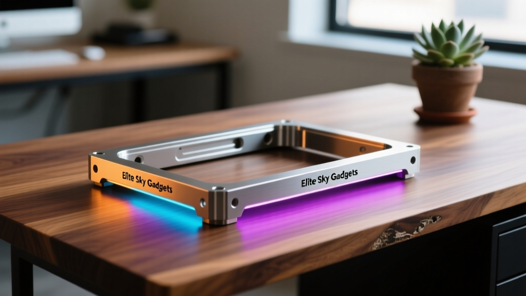 A close-up of the Elite Sky Gadgets Shop Baboompoject aluminum chassis sitting on a walnut desk, illuminated by soft RGB.