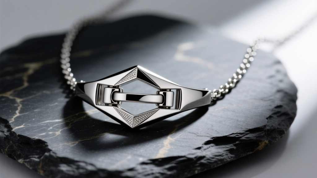 Close-up of a polished Grade 5 titanium front clasp necklace with a geometric toggle mechanism resting on dark slate stone.