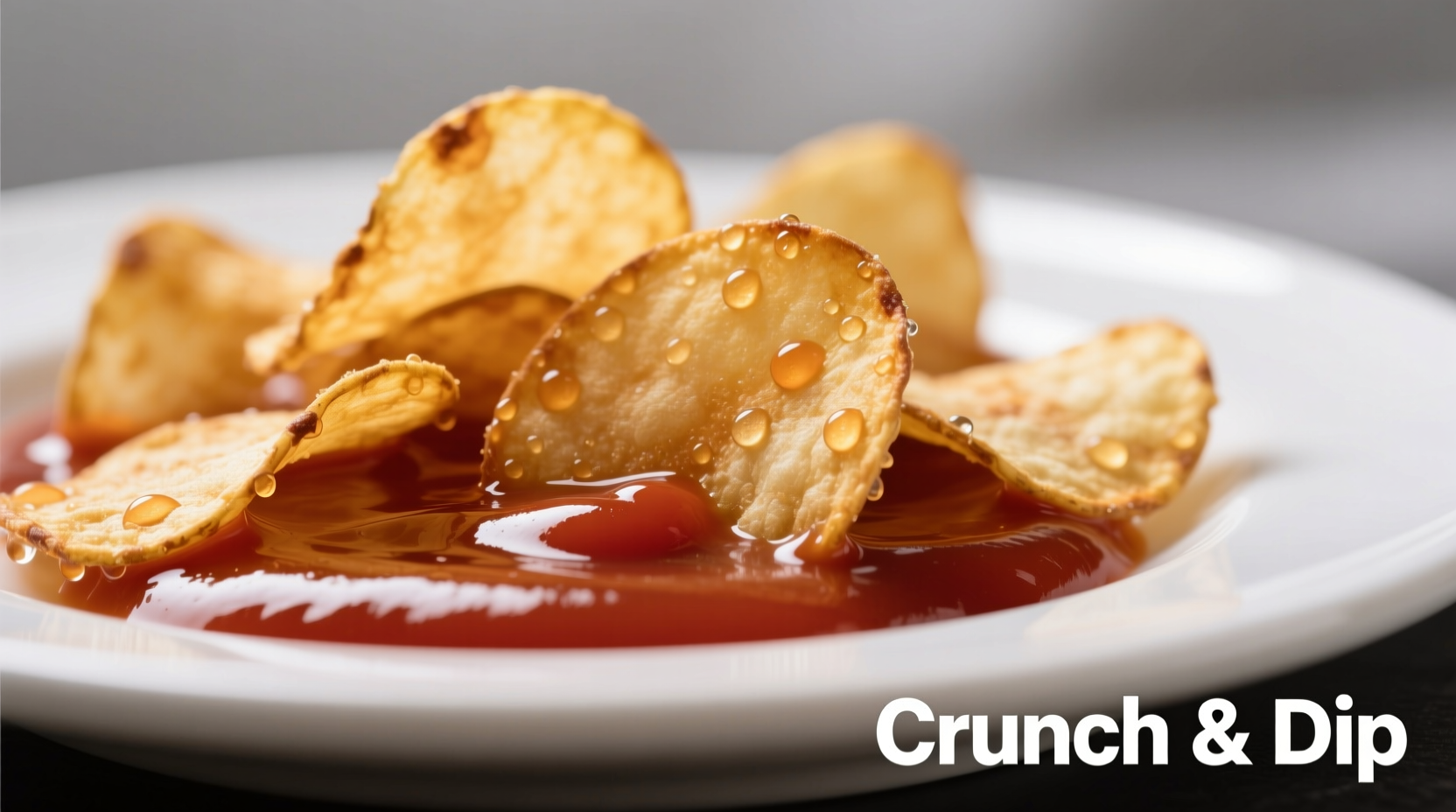 Potato chips dipped in ketchup on white plate