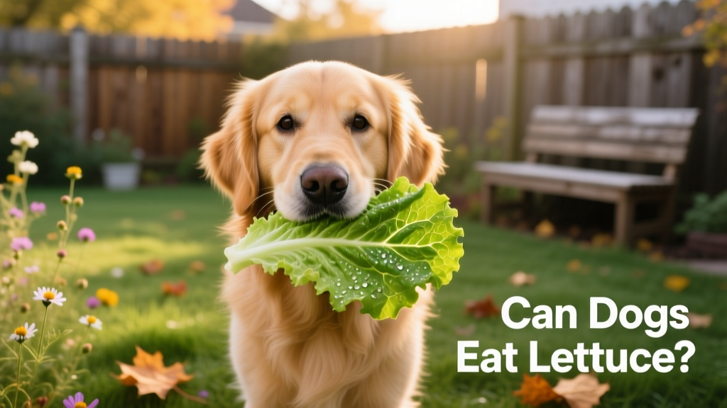 A golden retriever gently holding a crisp green leaf of romaine lettuce in its mouth