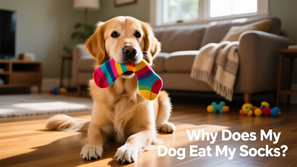 A curious dog holding a brightly colored sock in its mouth, sitting on a living room floor