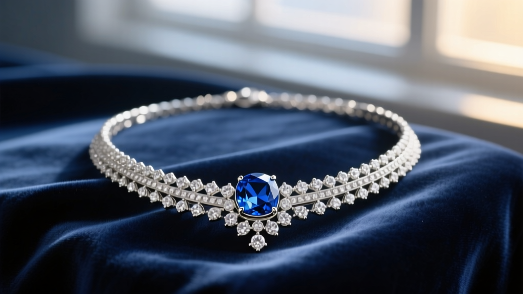 Silver replica of the Titanic necklace with a large blue sapphire simulant and diamond accents on dark blue velvet.