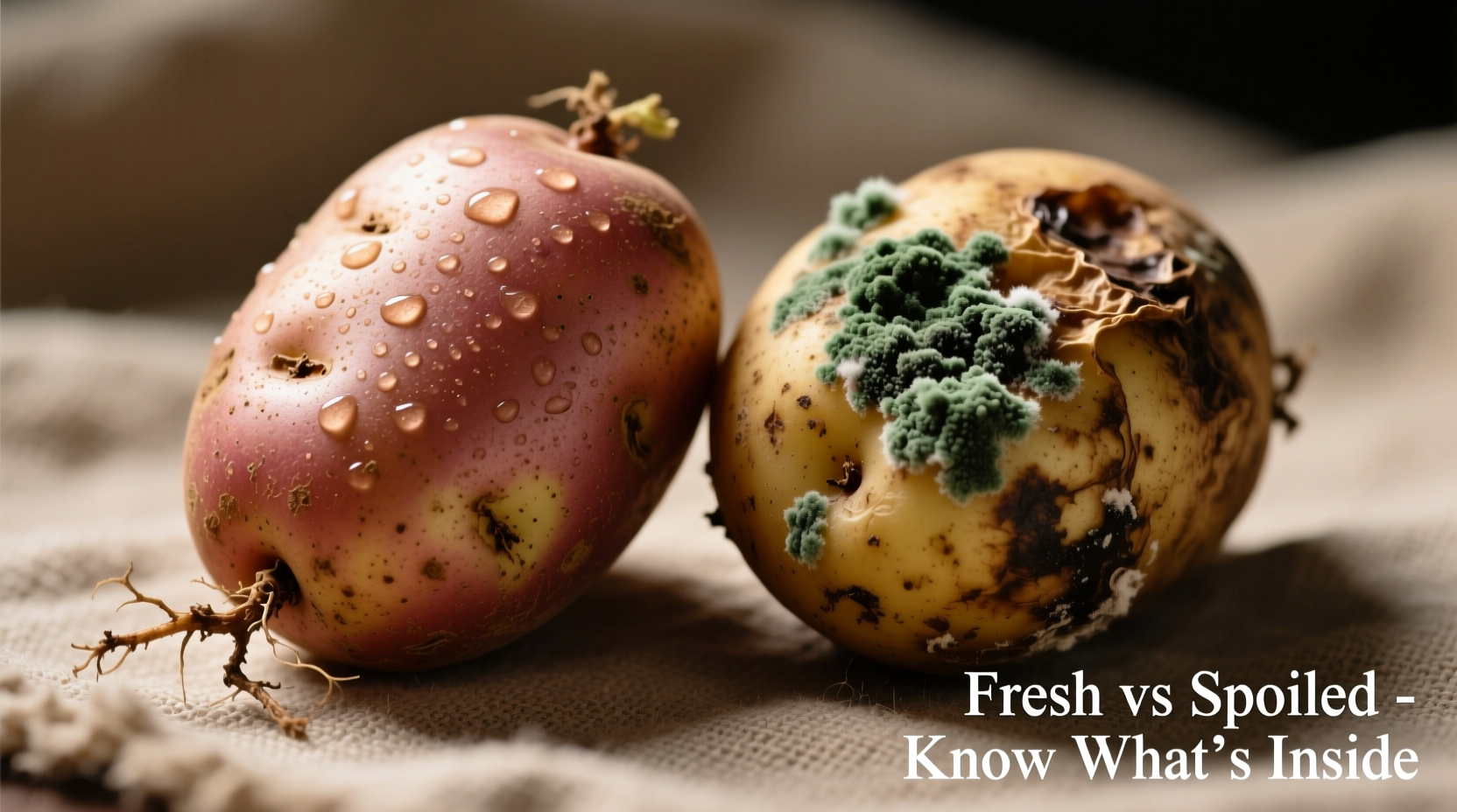 Close-up of fresh versus spoiled potatoes side by side