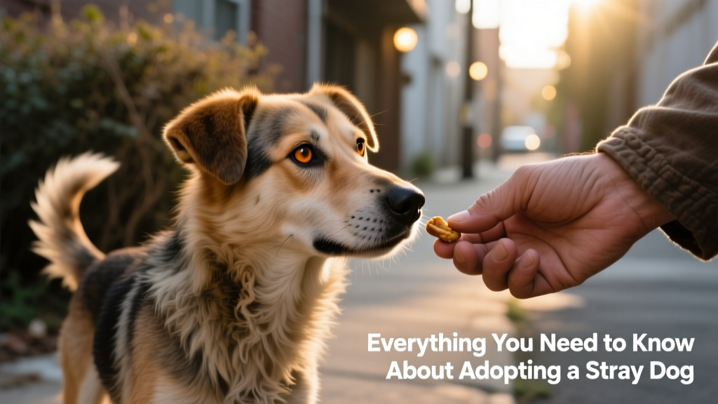 A gentle close-up of a calm, curious stray dog making eye contact with a human hand offering a treat