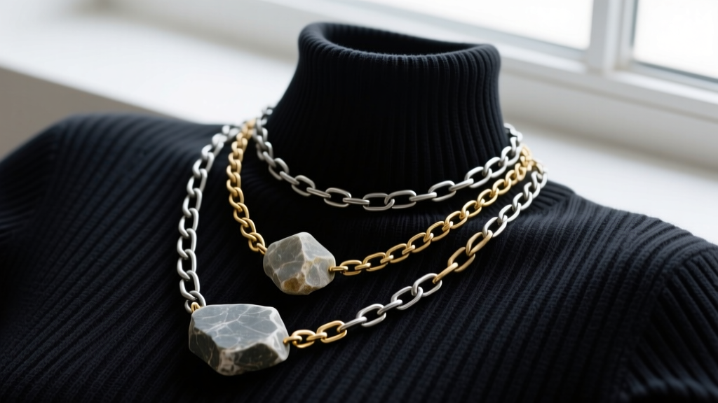 Flat lay of three raw stone cage necklaces layered over a dark ribbed turtleneck showing varying chain lengths and metal textures