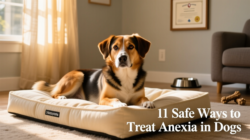 Healthy dog resting comfortably on a soft bed, looking alert and calm
