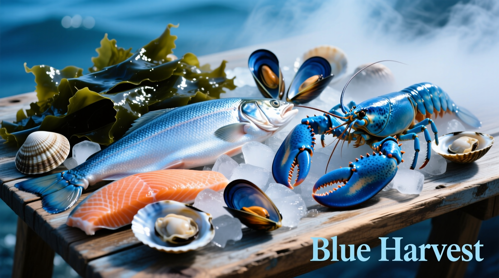 Variety of blue foods including salmon, seaweed, and shellfish
