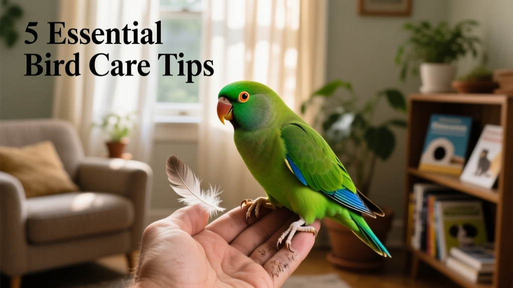 Parrot lovebird perched comfortably on a hand against a soft, blurred living room background