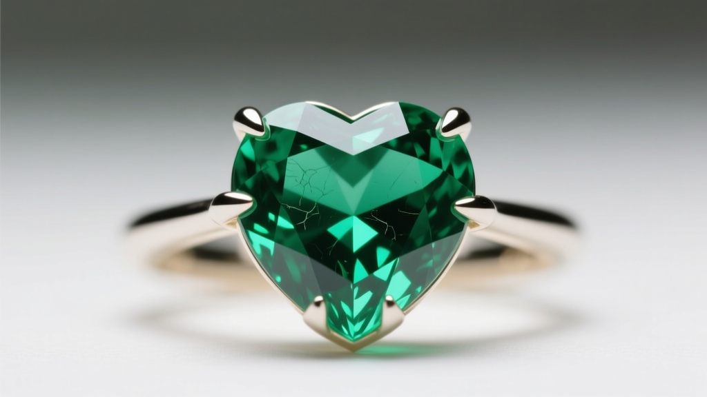 Macro photography of a heart-cut emerald cleft secured by a custom 14k white gold V-prong, highlighting the gemstone's natural internal jardin.
