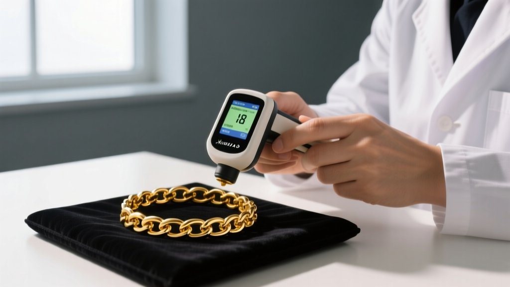 Jeweler using a handheld XRF spectrometer to test the purity of an 18k yellow gold link bracelet resting on a dark velvet pad