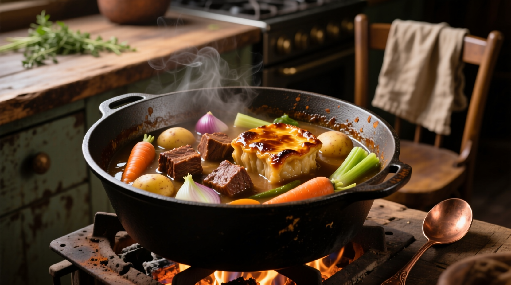 Browned stew meat cubes in cast iron pot with vegetables