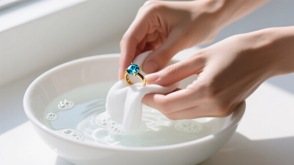 Hands washing a white gold blue topaz ring with a soft microfiber cloth and mild soapy water inside a bright white ceramic bowl