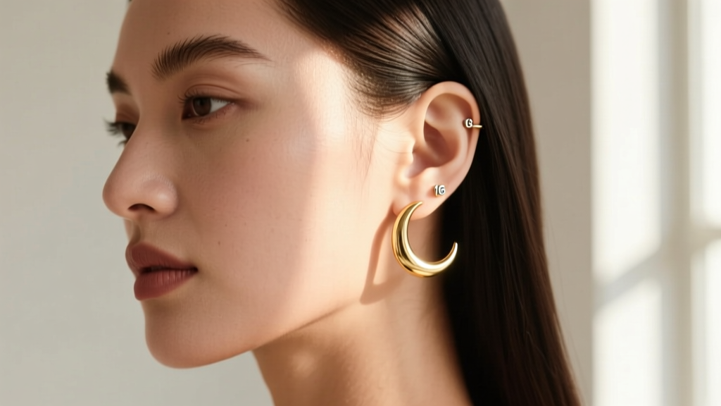 Profile of a woman wearing a 16-gauge gold-filled moon hoop earring in a healed helix piercing, illuminated by soft natural sunlight