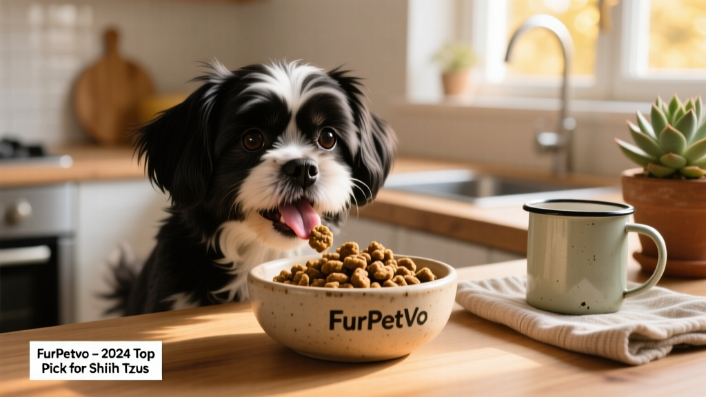 A Shih Tzu happily eating from a shallow ceramic bowl filled with FurPetVo dry food