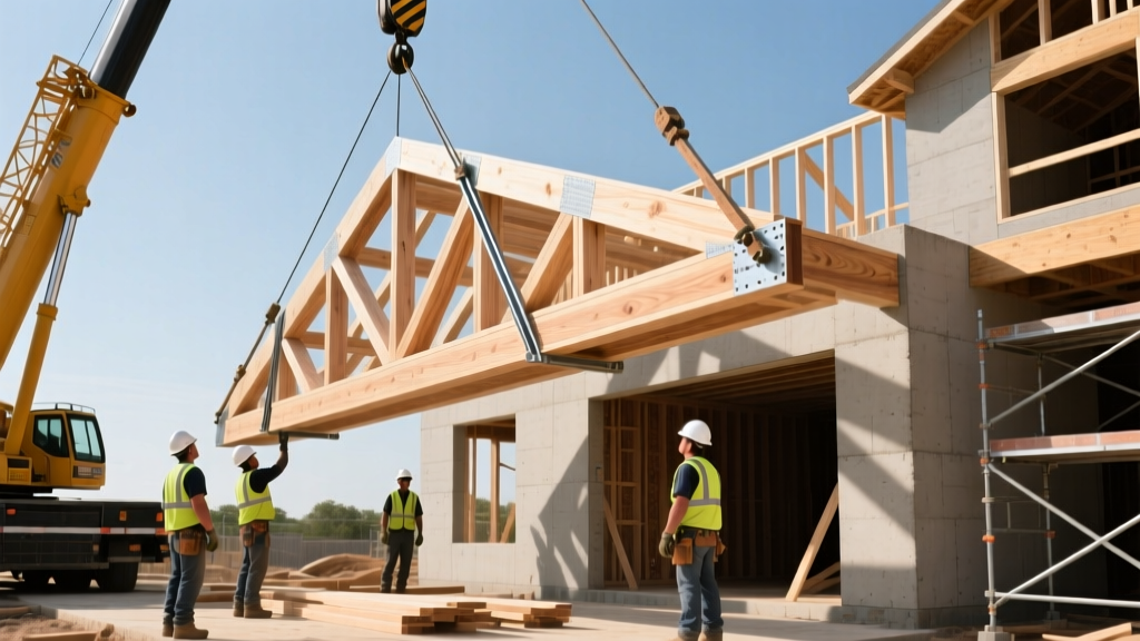 Carpenters using a crane to lower a prefabricated wooden Fink truss onto the top plate of a residential framing project, with temporary diagonal bracing visible