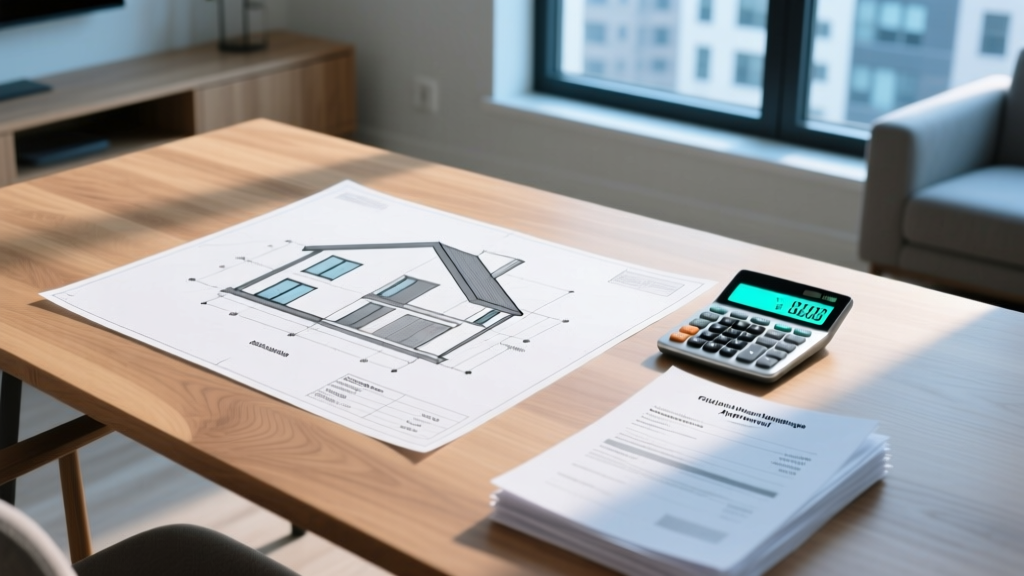 Blueprints for a compact 1000 square foot modern home on a wooden desk alongside a financial calculator and mortgage approval documents