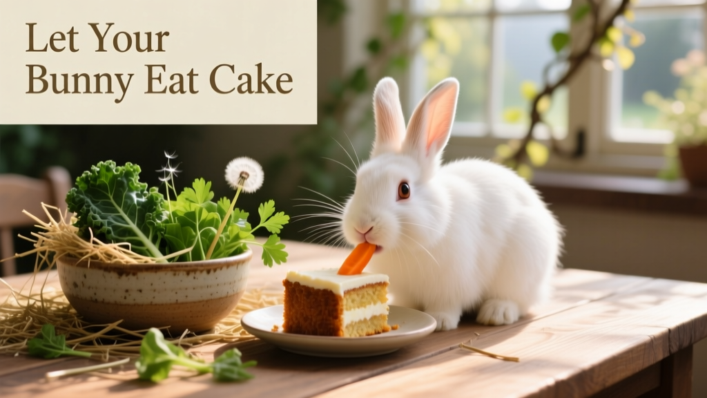 Happy rabbit nibbling on a small slice of carrot cake beside a bowl of fresh hay and greens