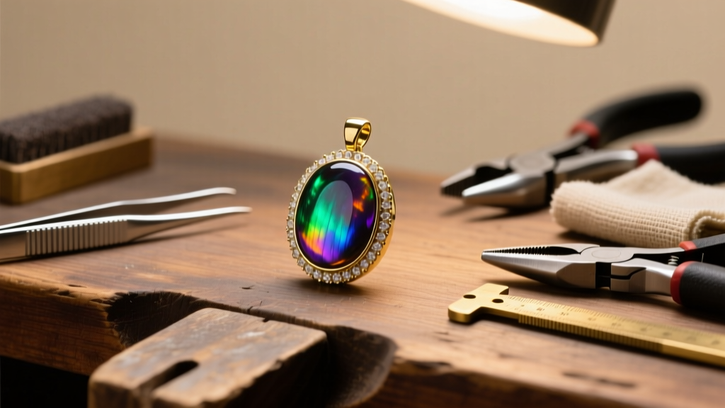 Bezel-set rainbow obsidian cabochon pendant on a wooden jeweler bench, surrounded by silver tools and soft warm studio lighting