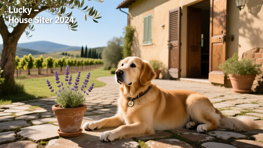 A friendly dog relaxing in a sunlit garden during a house sitting assignment abroad