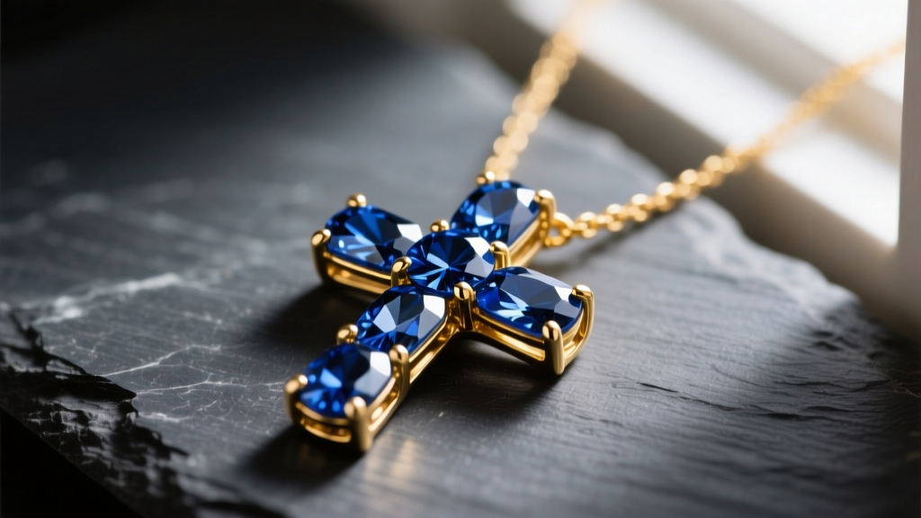 Close-up of an 18k gold sapphire cross necklace on dark slate, showing blue faceted gems and prong settings in soft light