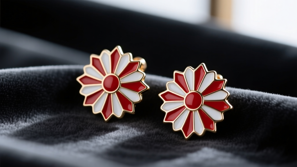 Premium Yoriichi hanafuda earrings with red and white enamel sunburst designs resting elegantly on dark charcoal velvet fabric