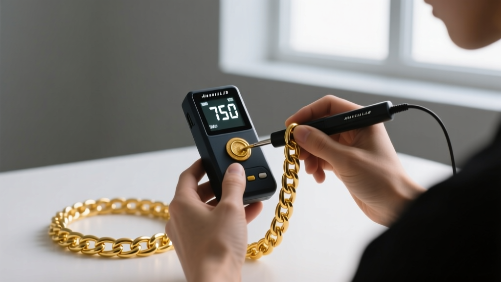 A jeweler using an electronic gold tester on a thick 18k yellow gold chain, with a digital screen displaying a 750 purity reading