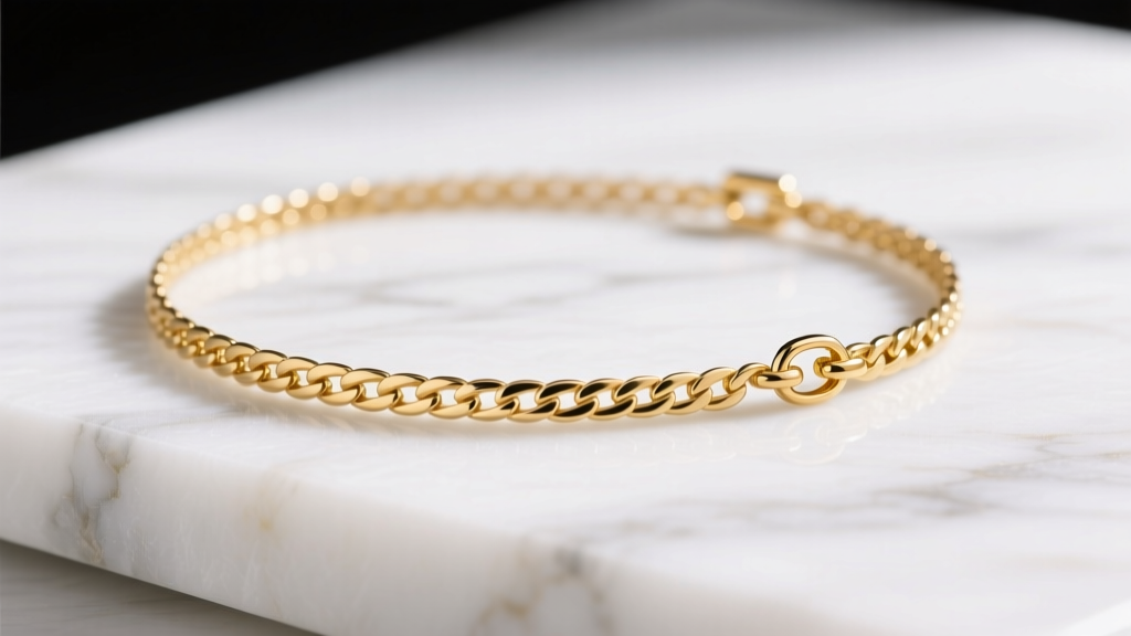 Macro photo of a 14k gold herringbone micro-choker on white marble, showing intricate flat chain links and a tiny lobster clasp.