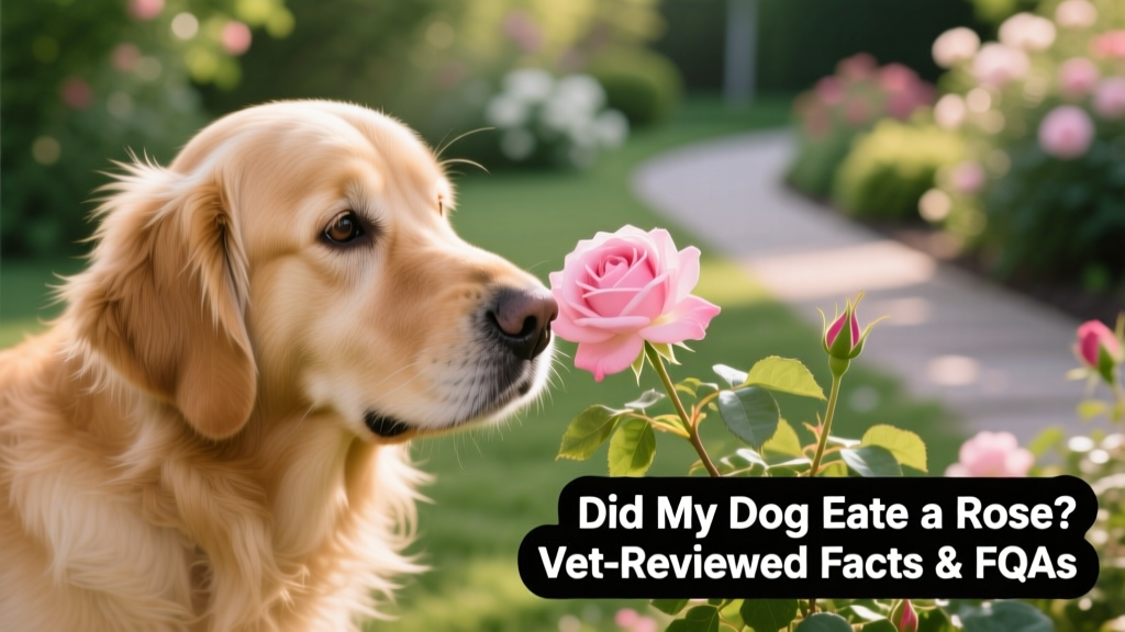 Close-up of a dog gently sniffing a pink rose bush in a garden