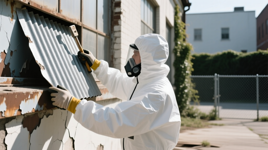 Contractor in white hazmat suit carefully removing corrugated asbestos cement roofing sheets from a mid-century building facade