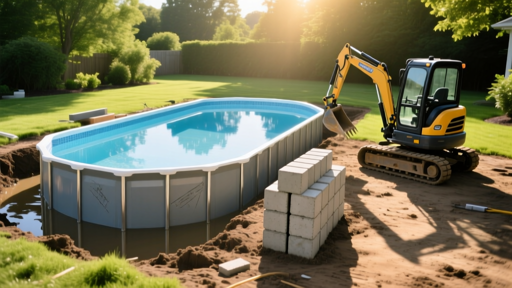 Excavated backyard showing a partially installed fiberglass pool shell, stacked concrete blocks, and a mini excavator in bright sun