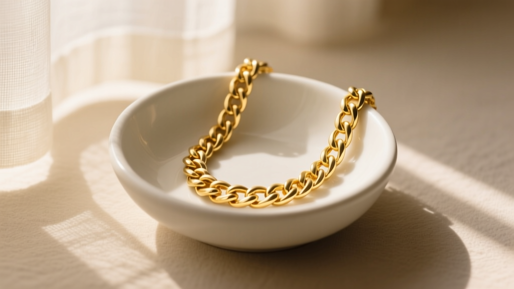 Soapy 14k yellow gold Cuban link chain necklace resting in a small ceramic bowl, illuminated by soft natural morning window light