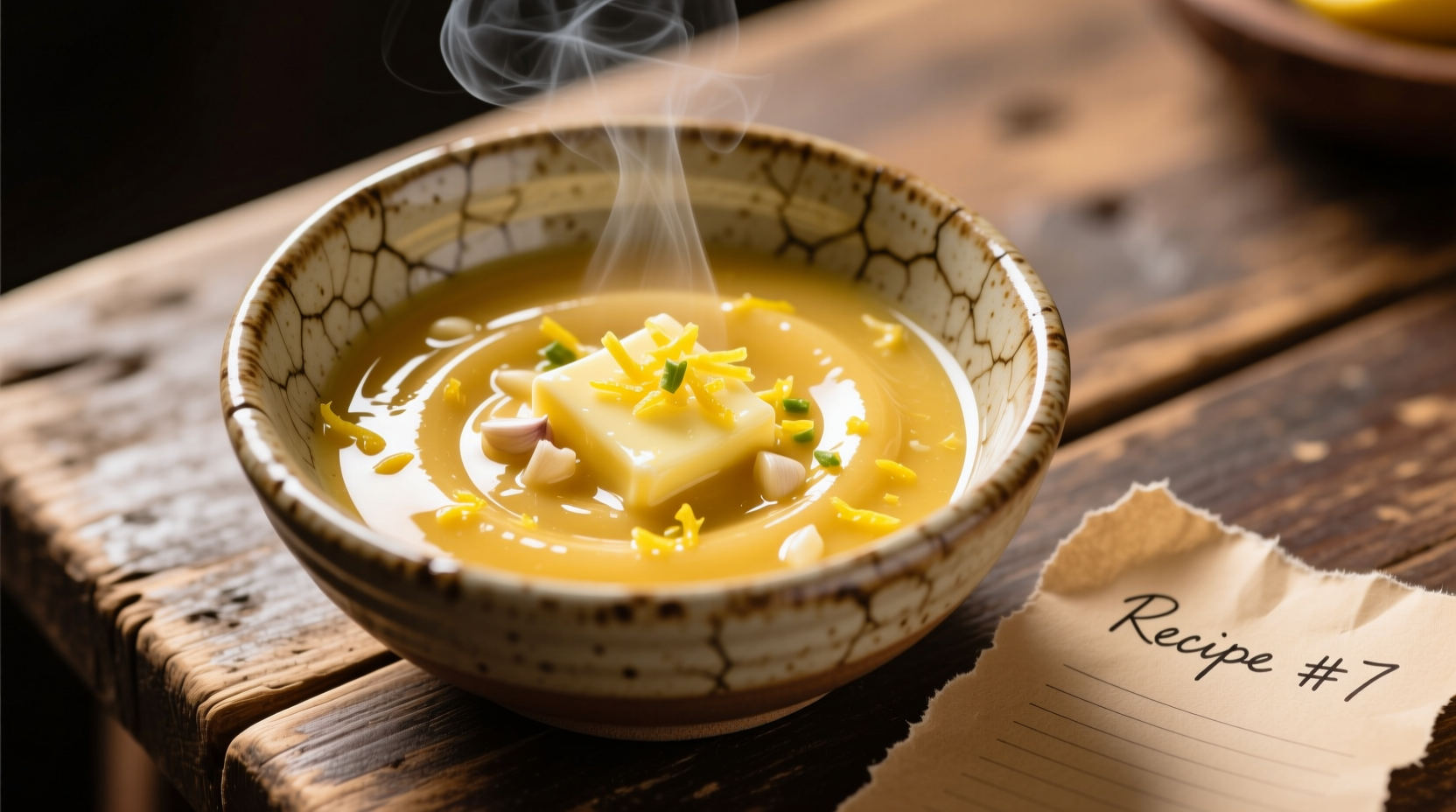 Golden garlic butter lemon sauce in ceramic bowl