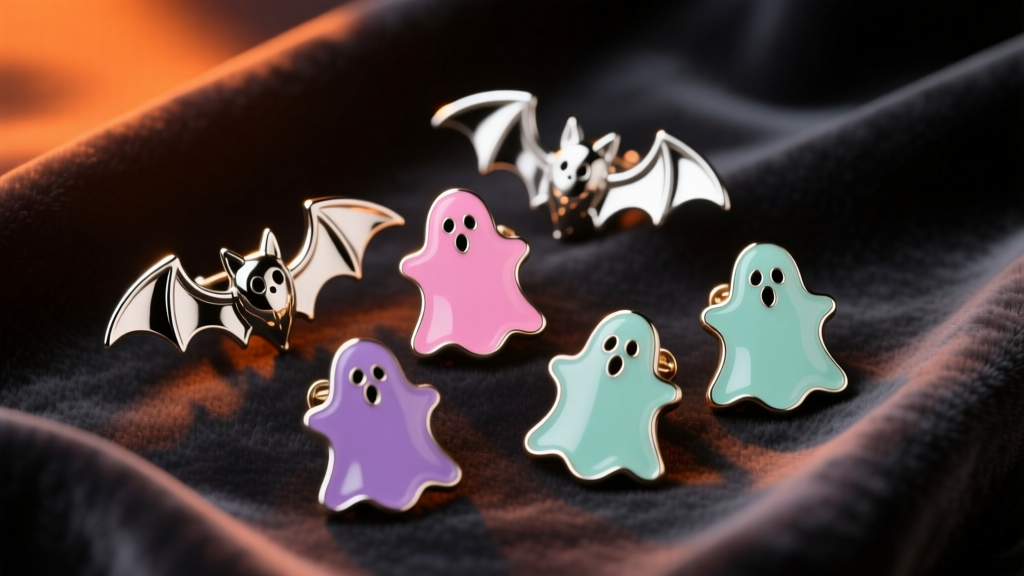 Flat lay of cute halloween earrings featuring titanium bats and enamel ghosts on dark velvet, lit by moody orange glow