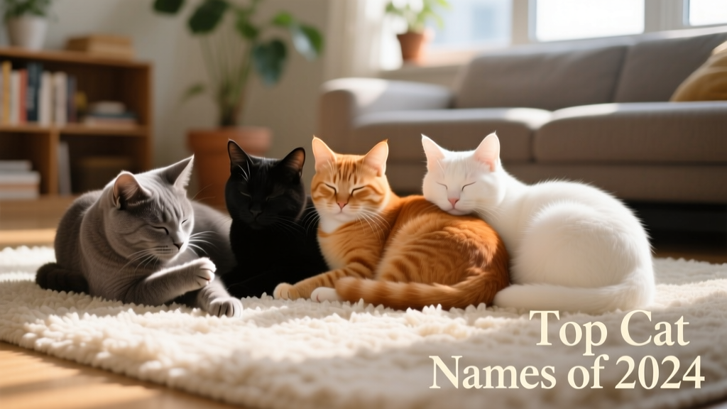 A diverse group of cats—gray, black, orange, and white—relaxing together on a cozy rug