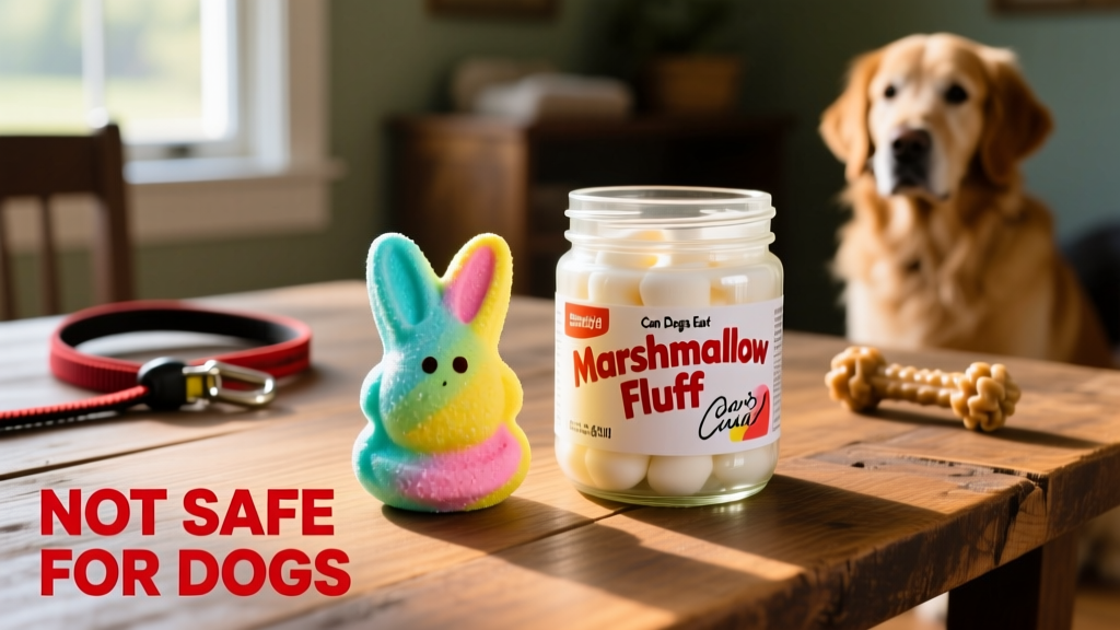 A colorful Peeps candy next to a jar of Marshmallow Fluff, both clearly labeled as unsafe for dogs