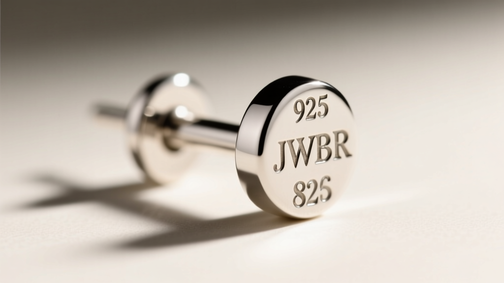 Macro shot of a sterling silver earring post showing the 925 and JWBR maker stamps under bright, directional studio lighting.