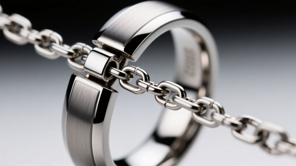 Macro shot of a 3mm steel box chain threading through a polished tungsten band, highlighting the secure lobster clasp mechanism.