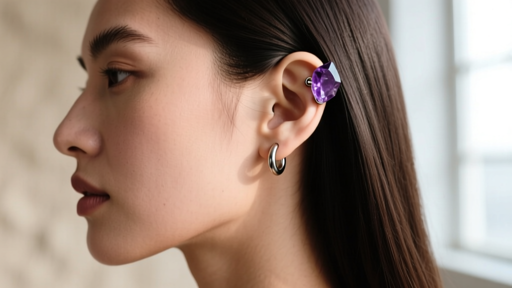 Side profile of a model displaying an 18-gauge titanium helix stud with a raw amethyst crystal, showcasing upper ear cartilage placement.