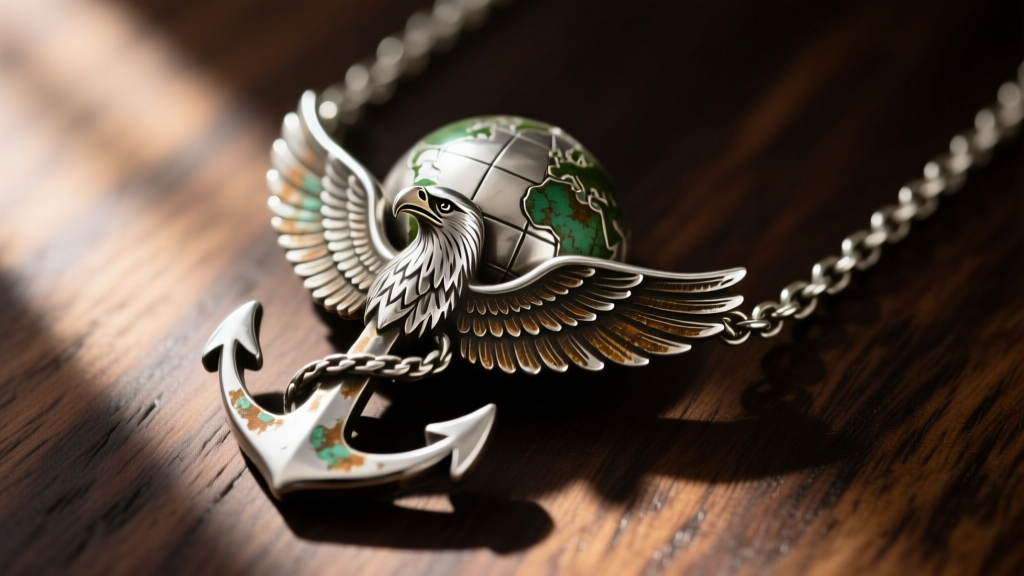 Close up of a tarnished sterling silver eagle globe and anchor necklace on dark wood, showing oxidized crevices and dull metal.