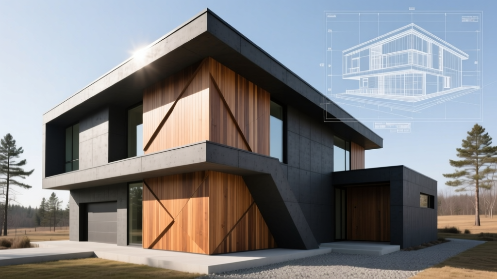 Modern house exterior featuring mixed dark fiber cement and warm cedar wood siding panels with an architectural blueprint overlay