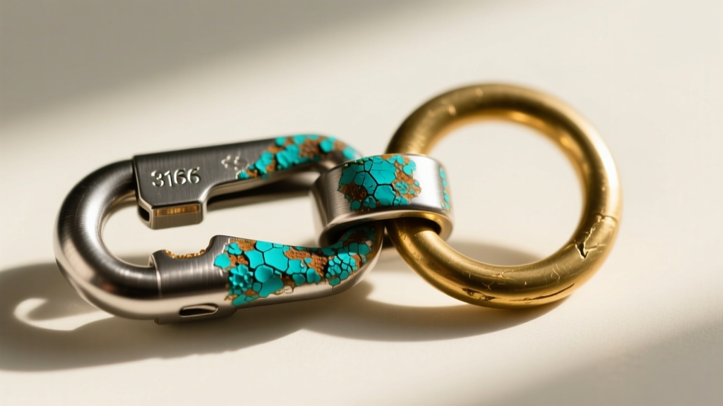 Macro photography of a 316L surgical steel lobster clasp showing galvanic corrosion where it connects to a brass jump ring