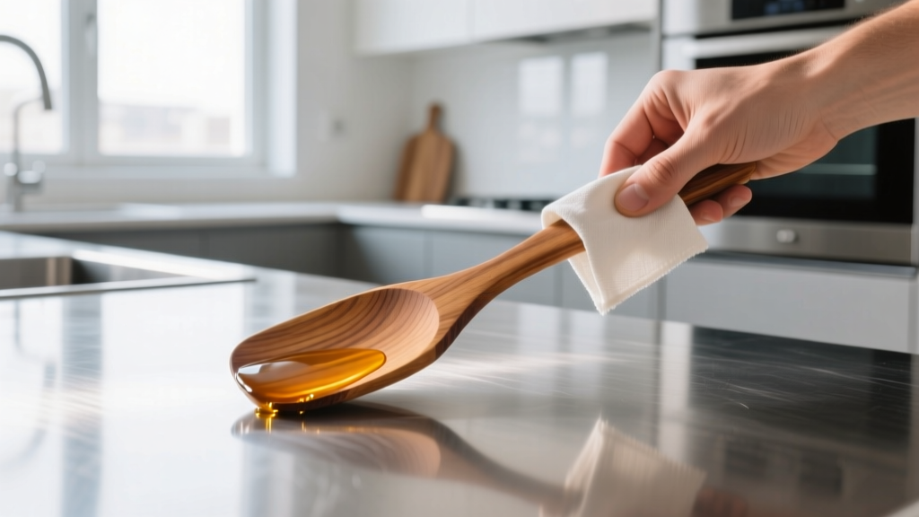 Applying food-grade mineral oil to a teak wood spatula with a lint-free cloth over a stainless steel prep table in a bright modern kitchen