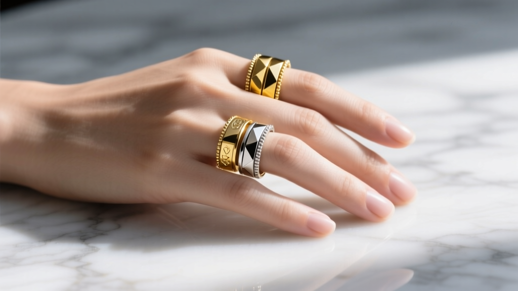 Close-up of a hand on marble, showcasing a curated stack of 14k yellow gold and platinum rings on the index and ring fingers.