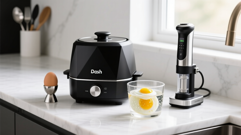 Sleek kitchen counter displaying a matte black Dash egg cooker, stainless steel egg topper, and sous vide rig with poached eggs.