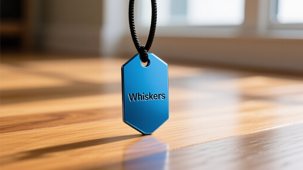 Blue anodized aluminum ID tag on a black PTFE cord, serving as a safe necklace for cat pets, resting on a polished oak floor.