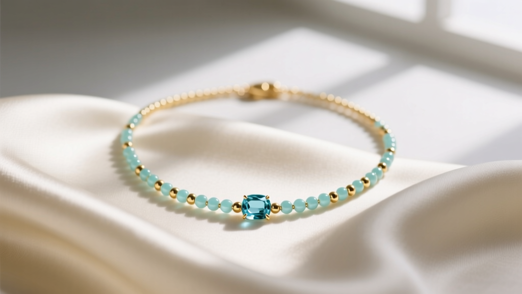 Delicate 2mm aquamarine and 14k gold-filled dainty beaded necklace resting on cream silk fabric under soft natural window light.