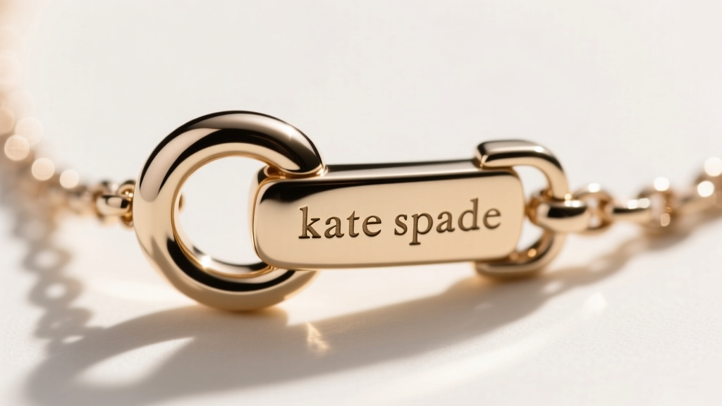 Macro close-up of a genuine Kate Spade necklace lobster clasp showing crisp lowercase logo engraving on the polished metal lever